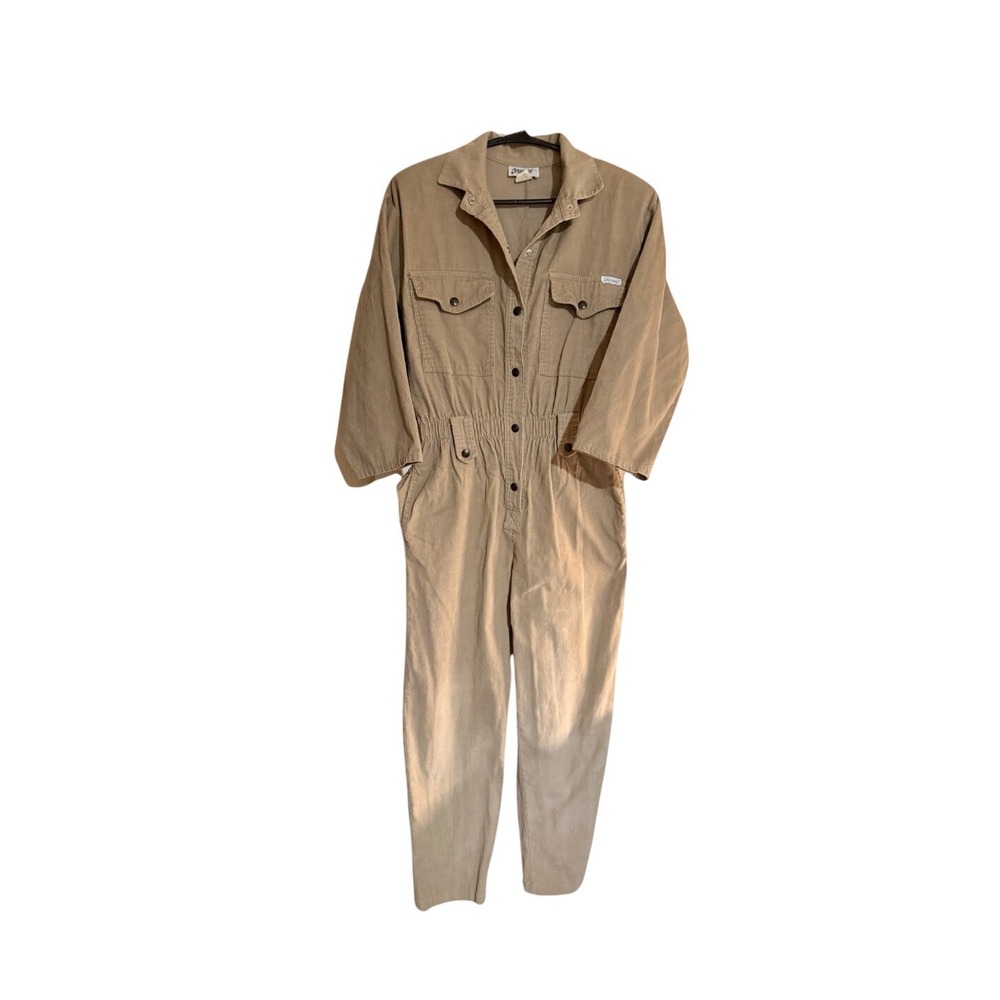 Vtg 80s Dreams Jumpsuit Womens M Khaki Corduroy Textured Utility Boilersuit Suit
